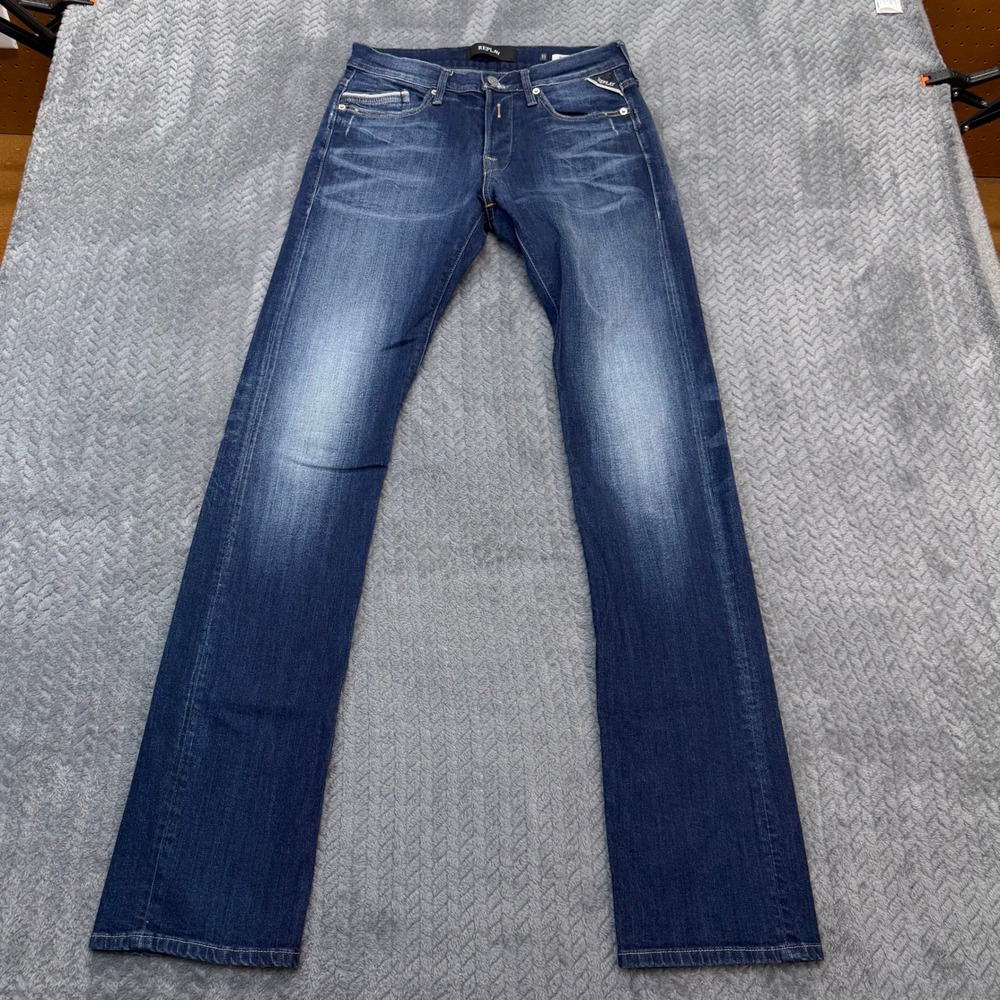 Replay Waitom Jeans Mens 30x34 Regular Slim Dark Wash Selvedge Detail Denim Blue